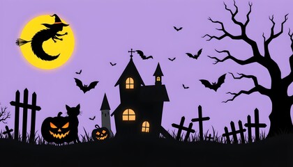 A Halloween night scene with a haunted house setting.