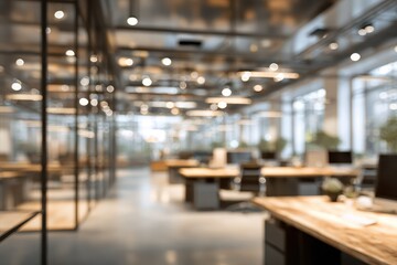 Fototapeta premium Blurred view of a modern, bright office with desks and glass partitions. Ideal for backgrounds or to suggest a workspace with a soft, abstract feel.