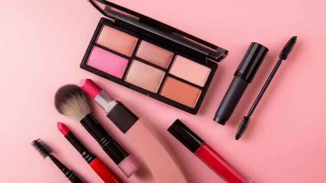 Cosmetic beauty products with pastel pink background for makeup and skincare advertisement