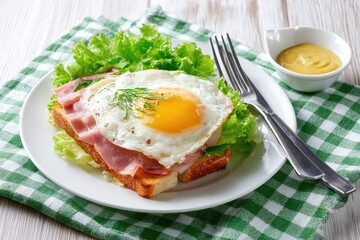 Open-faced ham and egg sandwich on toast, topped with fresh greens and a fried egg