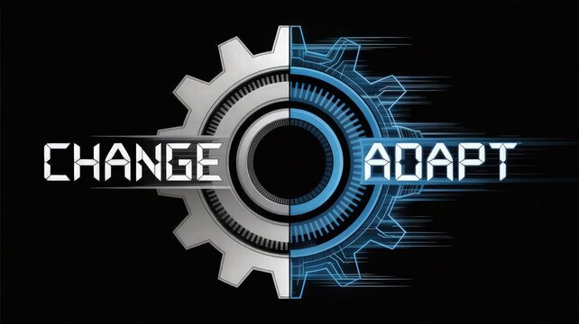 Change & Adapt: A graphic design of a gear with the words Change and Adapt, the overall design highlighting the concept of transformation in technology or engineering field.