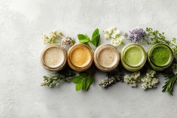 Assorted colorful smoothies in glass jars with herbs on gray background. Healthy drinks concept, good for food blogs or cooking book illustration.