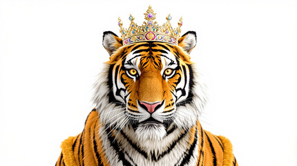 Regal Tiger Portrait with Golden Crown on White Background, Majestic King of the Jungle