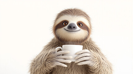 Happy 3D Sloth Character Holding Coffee Mug on White Background