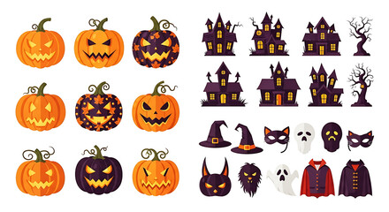 A set of halloween themed clip art featuring pumpkins, haunted houses, and costume elements ai generated