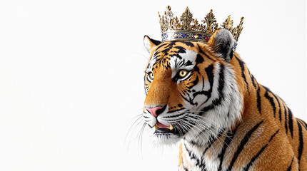 Powerful Tiger King with Golden Crown on White Background