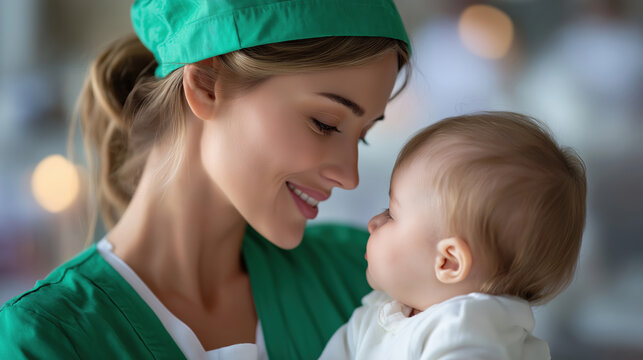 Compassionate mother caring for her baby in a healthcare setting highlighting maternal love infant health pediatric care and family wellness in a professional environment