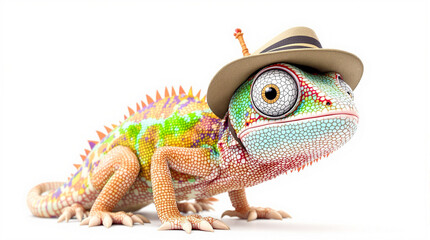 Adorable Cartoon Chameleon Character Wearing a Fedora Hat on White Background