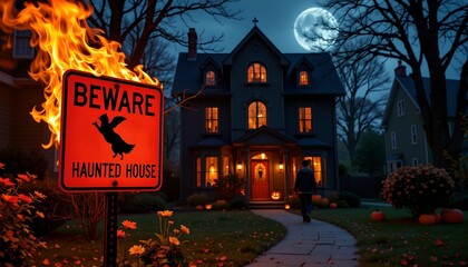 A Halloween themed scene at night. A large house with darkened windows is prominently featured in the foreground. In front of the house, there's a sign warning of "Hunted House