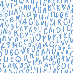 Funky seamless pattern with brush drawn playful alphabet letters. Blue and white handwritten vector latin calligraphy.