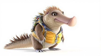 Charming 3D Cartoon Echidna-like Creature with Backpack and Vest, Isolated on White Background