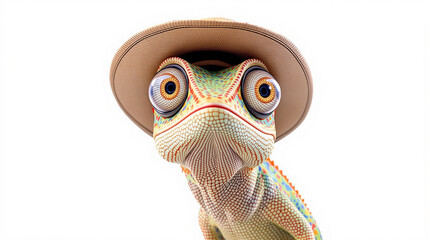 Curious Cartoon Chameleon in Safari Hat with Wide Eyes on White Background