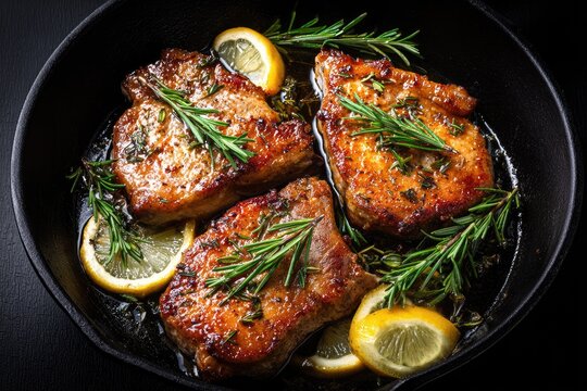 Three pan-seared pork chops, glistening with flavorful juices, are nestled in a cast iron skillet, topped with sprigs of fresh rosemary and lemon slices.   - Powered by Adobe