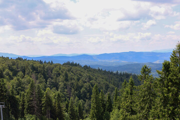 A mountain landscape covered in lush forest extends to distant, hazy hills that blend into the horizon. The sweeping blue vista is set under a vast sky adorned with fluffy white clouds, creating a sen © Олег Струс