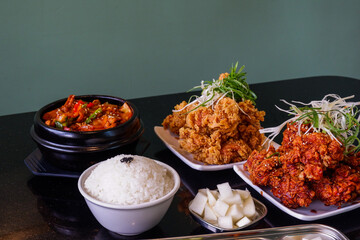 Korean food and Spicy korean chicken wings,jajangmyeon,bibimbap,oden,Samgyeopsal,delicious Korean traditional food.
