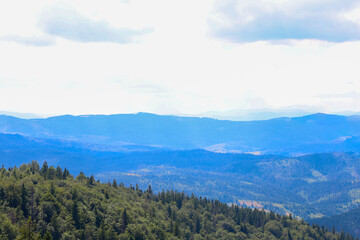 Endless mountain ranges covered with dense forests create a layered panoramic view that gradually fades into a blue haze. The foreground shows green hills, emphasizing the grandeur and beauty of the n