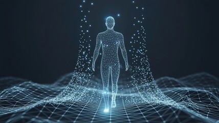 Digital Human Form: A luminous digital representation of a human figure walking towards an ethereal destination. This evokes a sense of futuristic technology and the possibilities of human evolution.