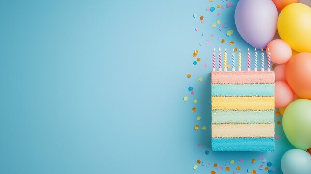 Rainbow Birthday and Celebration Theme Colorful birthday cake with rainbow layers and frosting, decorated with sprinkles and candles, rainbow balloons and confetti in the background