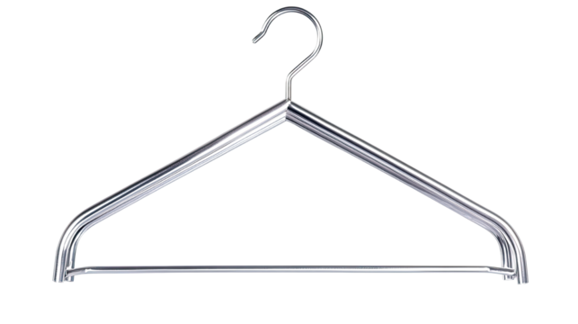 Durable silver metal hanger with sturdy hook for clothing and accessories isolated on white background
