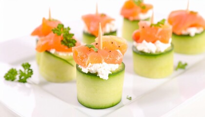 Fresh seafood salads: delicious salmon and shrimp appetizers with fresh vegetables