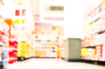 Supermarket shelf blur background interior store market corridor big distribution rack building grocery shop retail shelves food mall product inside hall display promotion, merchandise interior.