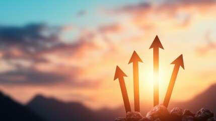 Management Growth Arrow Group of people celebrating success with arms raised, upward arrow superimposed on the image, symbolizes teamwork and achievement