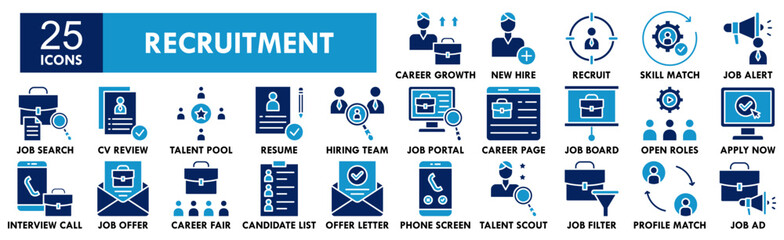 Recruitment icon collection set. Containing design business, recruitment, employee, job, office, person