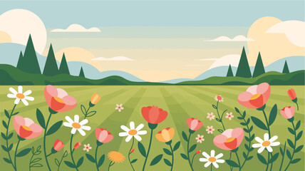 Fototapeta premium A Vibrant Spring Meadow Bursting with Colorful Flowers and Lush Greenery Under a Serene Sky