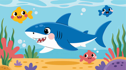 Cute Cartoon Shark Swimming with Happy Fish and Seaweed Underwater