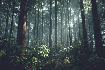 Obraz premium Misty forest interior, sunlight filtering through trees