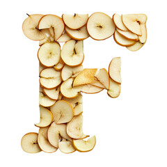Top View of a 3D letter F made of Pear fruit slices isolated on a white transparent background