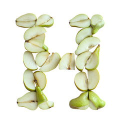 Top View of a 3D letter H made of Pear fruit slices isolated on a white transparent background