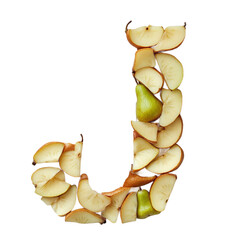 Top View of a 3D letter J made of Pear fruit slices isolated on a white transparent background