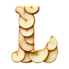 Top View of a 3D letter L made of Pear fruit slices isolated on a white transparent background