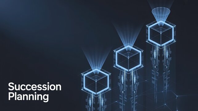 Succession Planning: A visual representation of strategic steps, with three illuminated boxes symbolizing phases and progress. A clean.