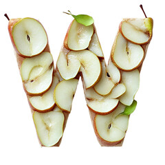 Top View of a 3D letter W made of Pear fruit slices isolated on a white transparent background