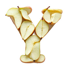 Top View of a 3D letter Y made of Pear fruit slices isolated on a white transparent background
