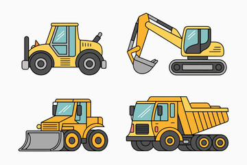 Collection of Yellow Construction Vehicles Including Excavator Loader Bulldozer and Dump Truck