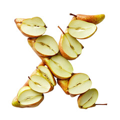 Top View of a 3D letter X made of Pear fruit slices isolated on a white transparent background