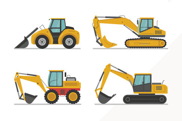 Collection of various heavy construction machinery and heavy equipment vehicles for landscaping and earthmoving operations