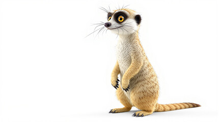 Cute 3D cartoon meerkat standing upright, smiling, with big yellow eyes, isolated on white background.