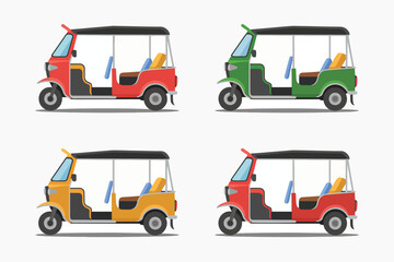 Fototapeta premium Collection of colorful auto rickshaws and tuk tuks in flat design for transportation concept