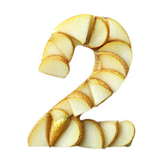 Top View of a 3D number 2 made of Pear fruit slices isolated on a white transparent background
