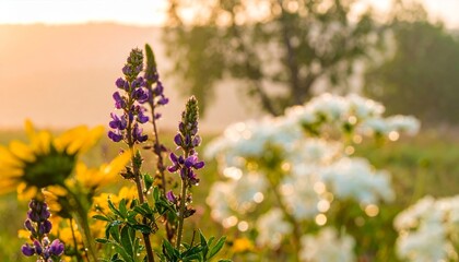 Summer blossoms of lavender and various wildflowers create a vibrant purple and pink field of natural beauty