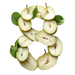 Top View of a 3D number 8 made of Pear fruit slices isolated on a white transparent background