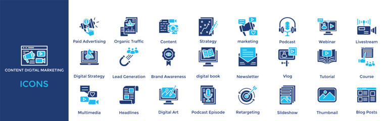 content digital marketing icon set. Containing Content Marketing, Paid Advertising, Organic Traffic, Content, Strategy, marketing, Podcast
