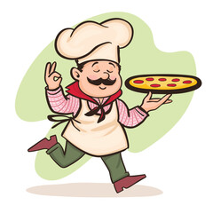 Italian cartoon chef with a freshly baked pizza.