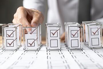 Hand placing a checkmark in a small wire frame box over a checklist