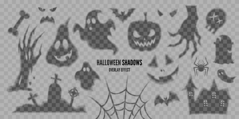 Set of Halloween transparent shadows, overlay effect. Scary faces, spooky monster hands, ghosts, spider, bats, pumpkins, spider web, cemetery, skull illustrations. Isolated vector decoration elements. © v1ra
