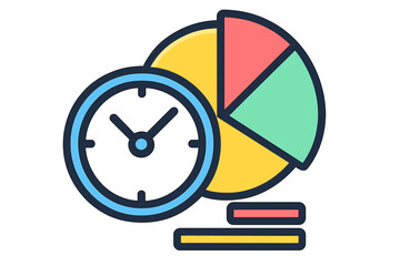 Clock and pie chart representing time management and analytics time usage chart